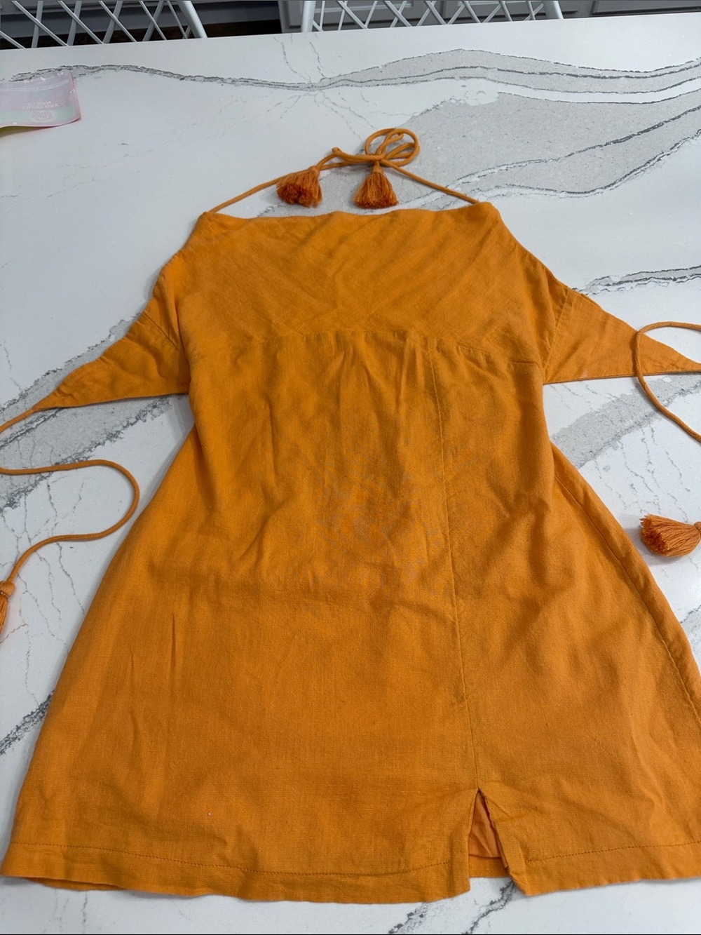 Free People Mustard Linen Blend Open Back Tassel Tie Mini Dress Size Small